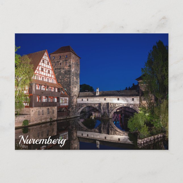 Old mediaeval bridge at night in Nuremberg, German Postcard (Front)