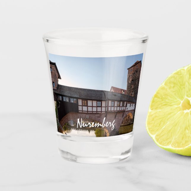 Old mediaeval bridge in Nuremberg, Germany Shot Glass (Front)