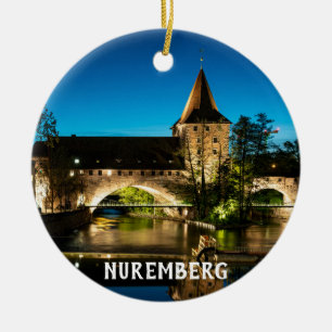 Old medieval bridge at night in Nuremberg Ceramic Tree Decoration