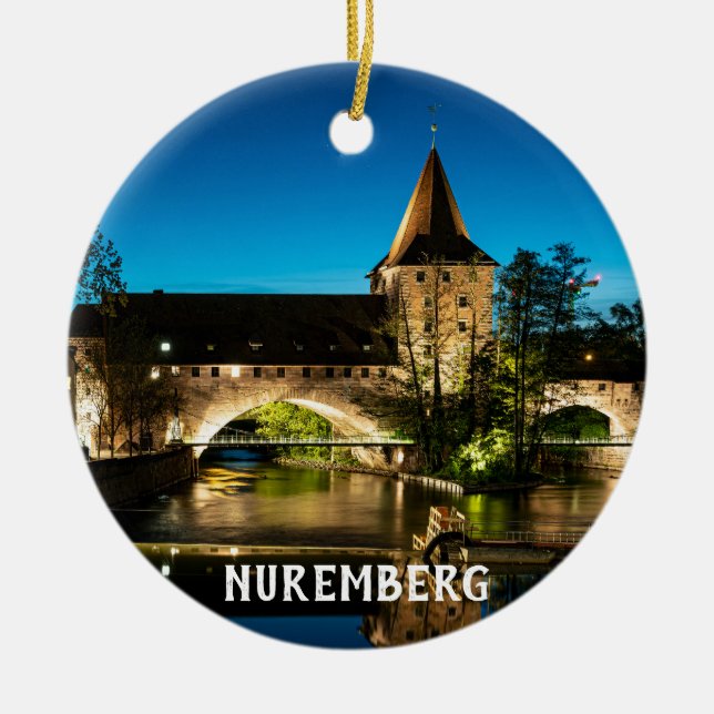 Old medieval bridge at night in Nuremberg Ceramic Tree Decoration (Front)