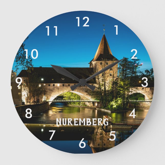 Old medieval bridge at night in Nuremberg Large Clock (Front)