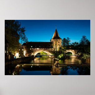 Old medieval bridge at night in Nuremberg Poster