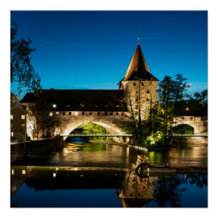 Old medieval bridge at night Nuremberg Poster