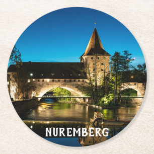 Old medieval bridge at night Nuremberg Round Paper Coaster