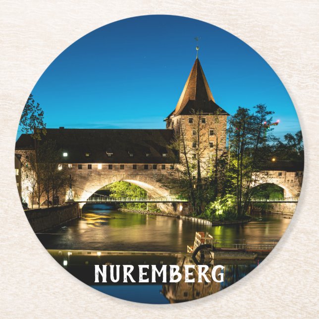 Old medieval bridge at night Nuremberg Round Paper Coaster (Front)