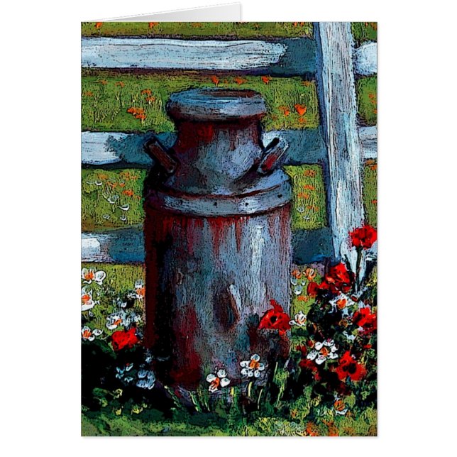 Old Milk Can By White Fence With Flowers (Front)