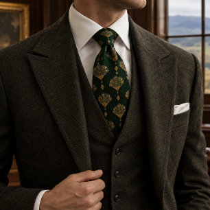 Old Money Art Deco Peacock Feather Emerald Tie