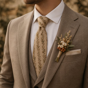 Old Money Beige Linen Oak Leaf Acorn Stripe Tie