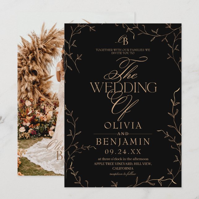 Old Money Black Botanical Wedding Invitation (Front/Back)