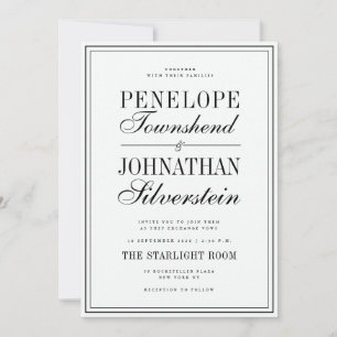 Old Money Black White Serif Script Names Wedding Invitation