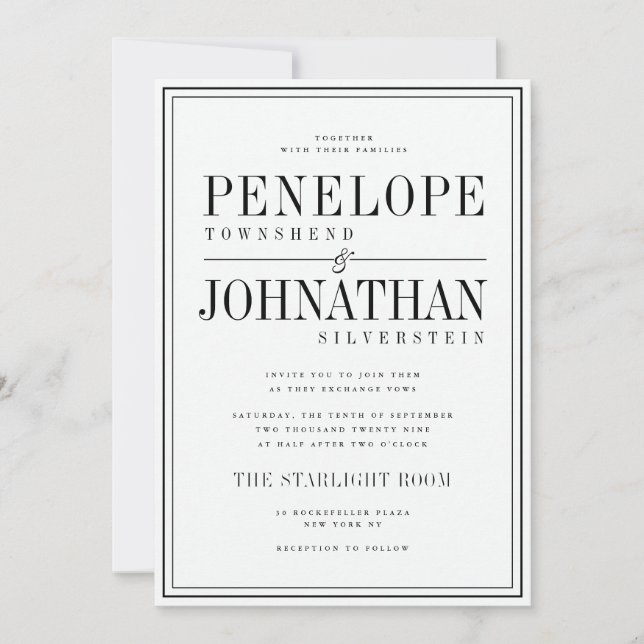Old Money Black White Serif Text Border Wedding Invitation (Front)