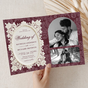 Old Money Burgundy Ivory Doily Lace Wedding Invitation