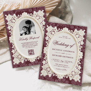 Old Money Burgundy Ivory Doily Lace Wedding Invitation