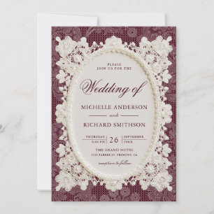 Old Money Burgundy Ivory Doily Lace Wedding Invitation
