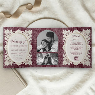 Old Money Burgundy Ivory Doily Lace Wedding Tri-Fold Invitation