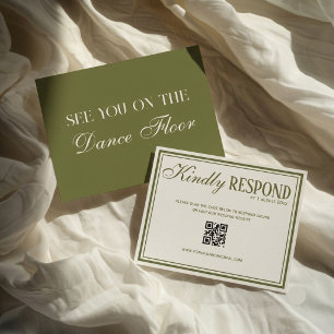 Old Money Chic Olive Green Ivory QR Code Wedding RSVP Card
