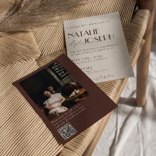 Old Money Chocolate Brown QR Code Photo Wedding Invitation