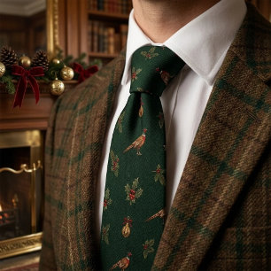 Old Money Christmas Pheasant Holly Forest Tie