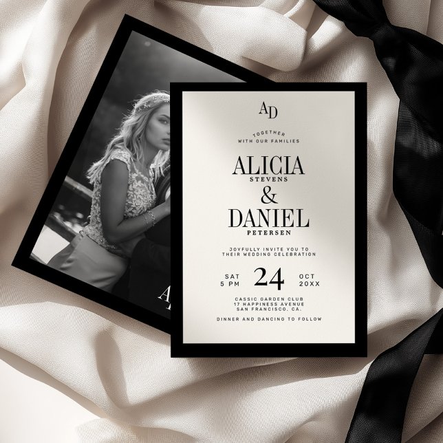 Old money classic ivory cream black photo wedding invitation (Creator Uploaded)