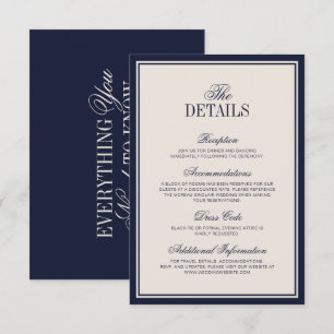 Old Money Classic Navy Blue Cream Wedding Details Enclosure Card