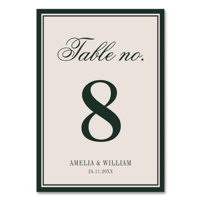 Old Money Classy Timeless Emerald Green Wedding Table Number (Front)