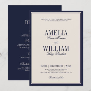 Old Money Classy Timeless Navy Blue Cream Wedding Invitation