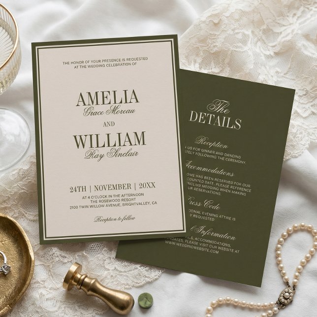 Old Money Classy Timeless Olive Green Wedding Invitation (Creator Uploaded)