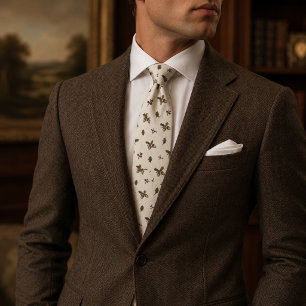 Old Money Cream Linen Oak Leaf Acorn Pattern Tie