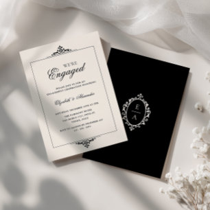 Old Money Crest Black Cream We're Engaged Party Invitation