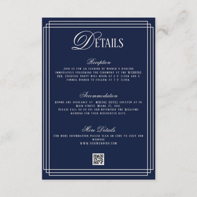 Old Money Dark Blue Wedding Details  Enclosure Card (Front)