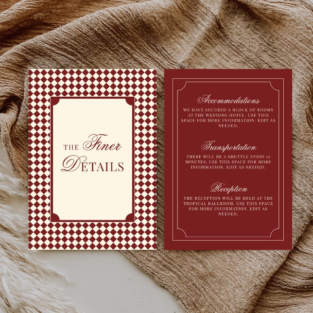 Old Money Deep Red Ivory Checkered Wedding Details Enclosure Card (Creator Uploaded)