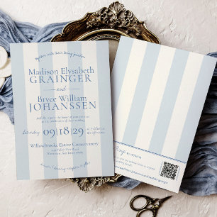 Old Money Dusty Blue Stripes QR Code Chic Wedding Invitation