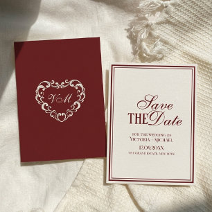 Old Money Fancy Dark Red Ivory Luxury Wedding Save The Date