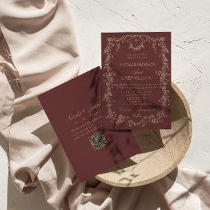 Old Money Floral Burgundy Heels QR Code Wedding Invitation