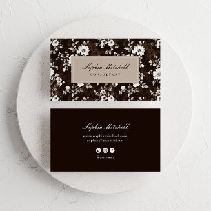 Old Money Floral   Dark Brown, Beige, and White Business Card