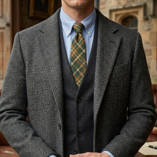 Old Money Forest Green Rust Orange Tartan Plaid Tie