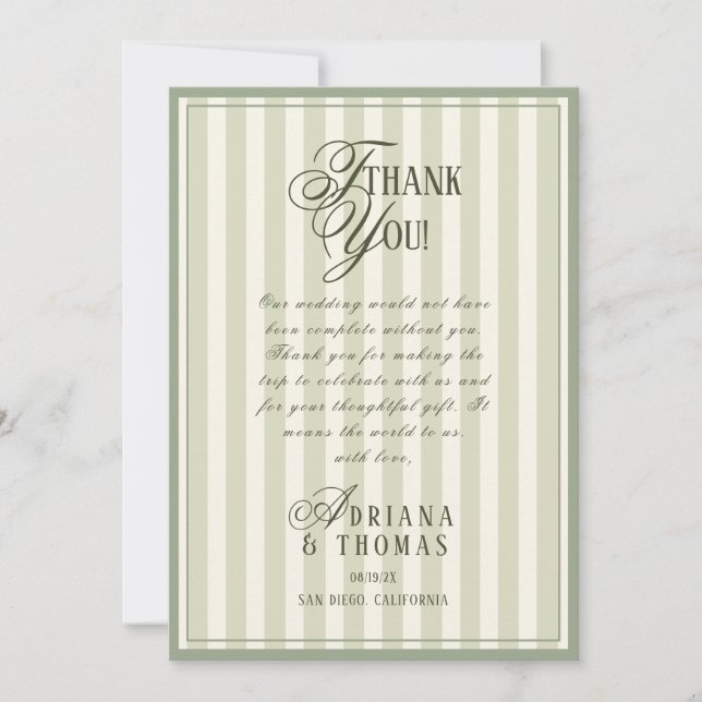 Old Money Green Ivory Wedding Thank You Card (Front)