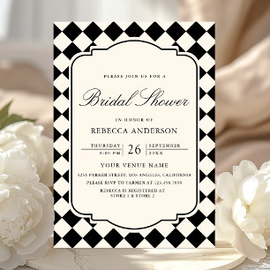 Old Money Ivory Black Chequered Bridal Shower Invitation