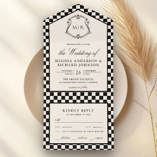 Old Money Ivory Black Chequered Monogram Wedding All In One Invitation