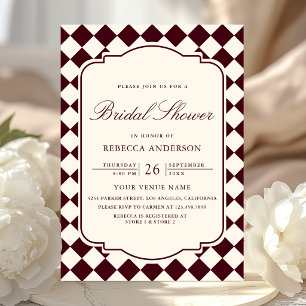 Old Money Ivory Burgundy Chequered Bridal Shower Invitation
