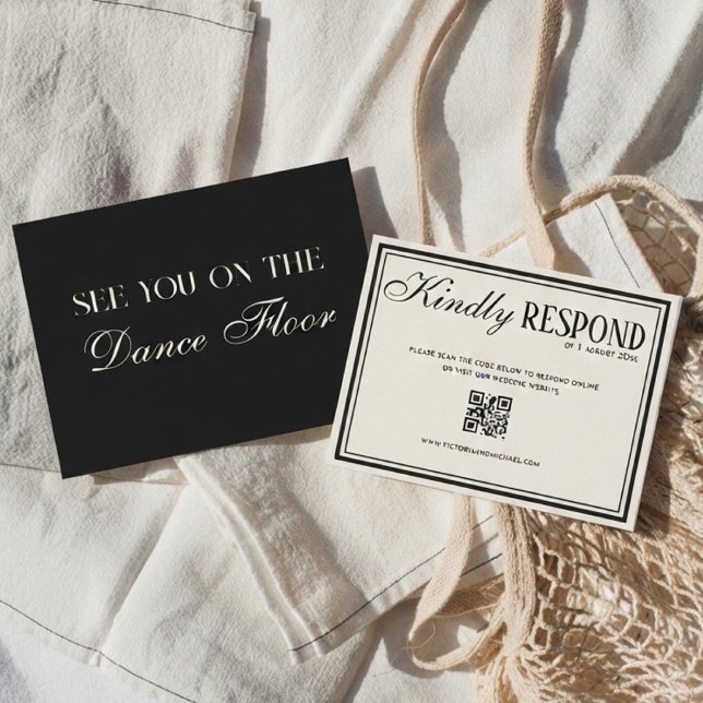 Old Money Ivory Cream Black Fancy QR Code Wedding RSVP Card (Creator Uploaded)