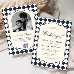 Old Money Ivory Navy Blue Chequered Wedding Invitation