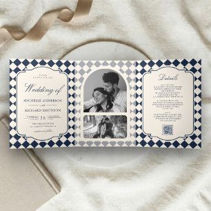 Old Money Ivory Navy Blue Chequered Wedding Tri-Fold Invitation