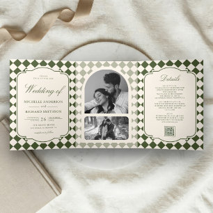 Old Money Ivory Olive Green Chequered Wedding Tri-Fold Invitation
