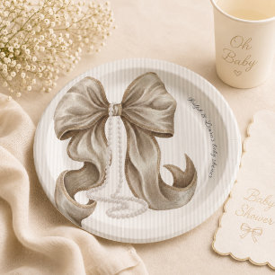 Old Money Ivory Striped Bow Baby Shower Paper Plate