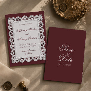 Old Money Lace Burgundy Wedding Save The Date Invitation