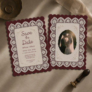 Old Money Lace Burgundy Wedding Save The Date Invitation