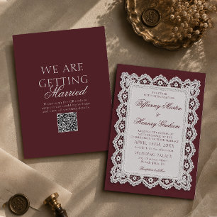 Old Money Lace Doily Burgundy QR Code Wedding Invitation