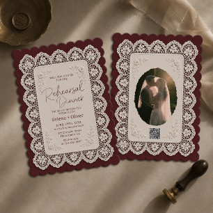 Old Money Lace Doily Burgundy Rehearsal Dinner Invitation