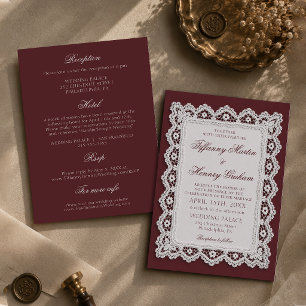 Old Money Lace Doily Burgundy Wedding Invitation